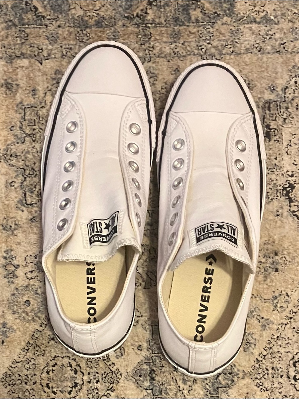 Converse White Leather Low-Top Slip-On Sneakers with Black Trim